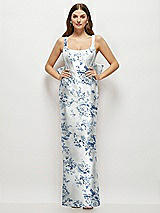Front View Thumbnail - Cottage Rose Larkspur Floral Scoop Neck Corset Satin Maxi Dress with Floor-Length Bow Tails