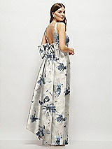Rear View Thumbnail - Inkwash Blue Floral Floral Scoop Neck Corset Satin Maxi Dress with Floor-Length Bow Tails