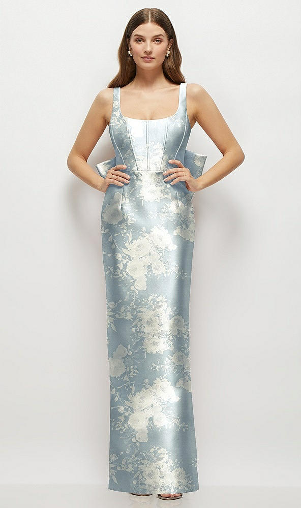 Front View - Porcelain Blue Seraphina Floral Floral Scoop Neck Corset Satin Maxi Dress with Floor-Length Bow Tails