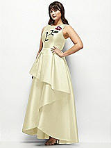 Front View Thumbnail - Butter Yellow Beaded Floral Bodice Satin Maxi Dress with Layered Ballgown Skirt