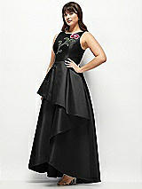 Front View Thumbnail - Black Beaded Floral Bodice Satin Maxi Dress with Layered Ballgown Skirt