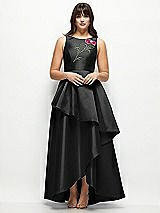 Side View Thumbnail - Black Beaded Floral Bodice Satin Maxi Dress with Layered Ballgown Skirt