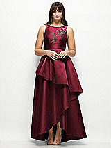 Side View Thumbnail - Cabernet Beaded Floral Bodice Satin Maxi Dress with Layered Ballgown Skirt