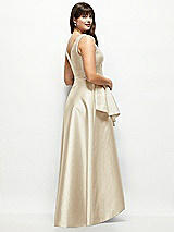 Rear View Thumbnail - Champagne Beaded Floral Bodice Satin Maxi Dress with Layered Ballgown Skirt