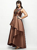 Front View Thumbnail - Cognac Beaded Floral Bodice Satin Maxi Dress with Layered Ballgown Skirt