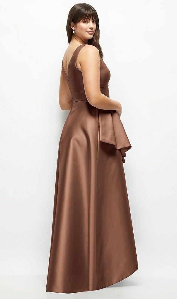 Back View - Cognac Beaded Floral Bodice Satin Maxi Dress with Layered Ballgown Skirt