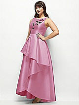 Front View Thumbnail - Powder Pink Beaded Floral Bodice Satin Maxi Dress with Layered Ballgown Skirt