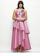 Side View Thumbnail - Powder Pink Beaded Floral Bodice Satin Maxi Dress with Layered Ballgown Skirt