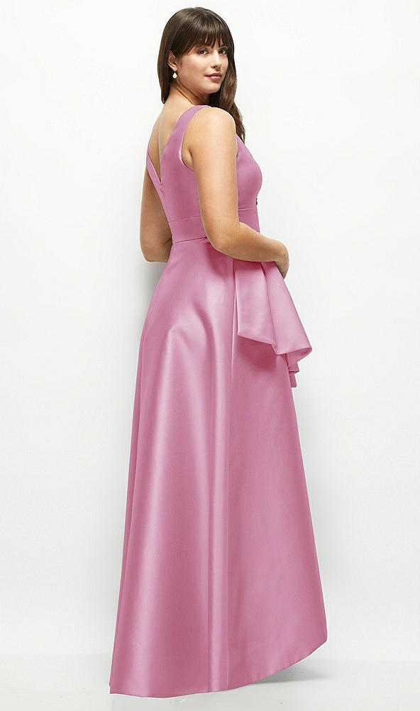 Back View - Powder Pink Beaded Floral Bodice Satin Maxi Dress with Layered Ballgown Skirt