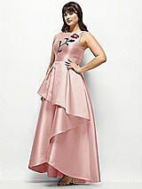 Front View Thumbnail - Rose Beaded Floral Bodice Satin Maxi Dress with Layered Ballgown Skirt