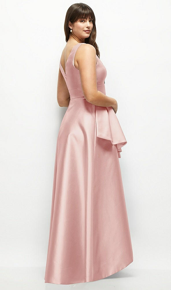Back View - Rose Beaded Floral Bodice Satin Maxi Dress with Layered Ballgown Skirt