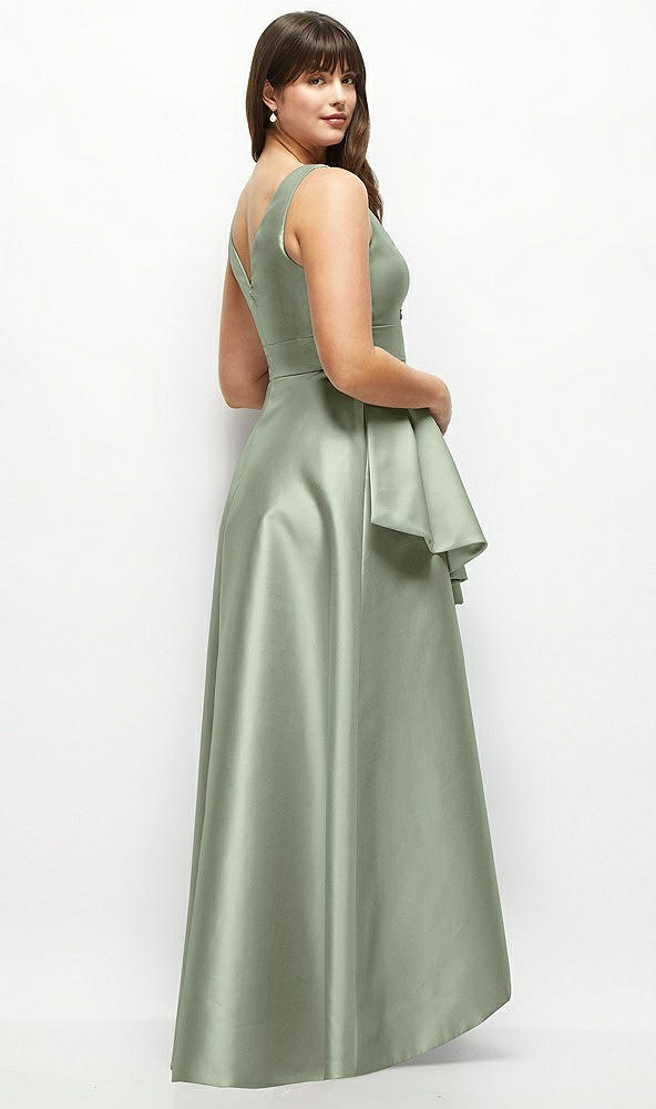 Back View - Sage Beaded Floral Bodice Satin Maxi Dress with Layered Ballgown Skirt