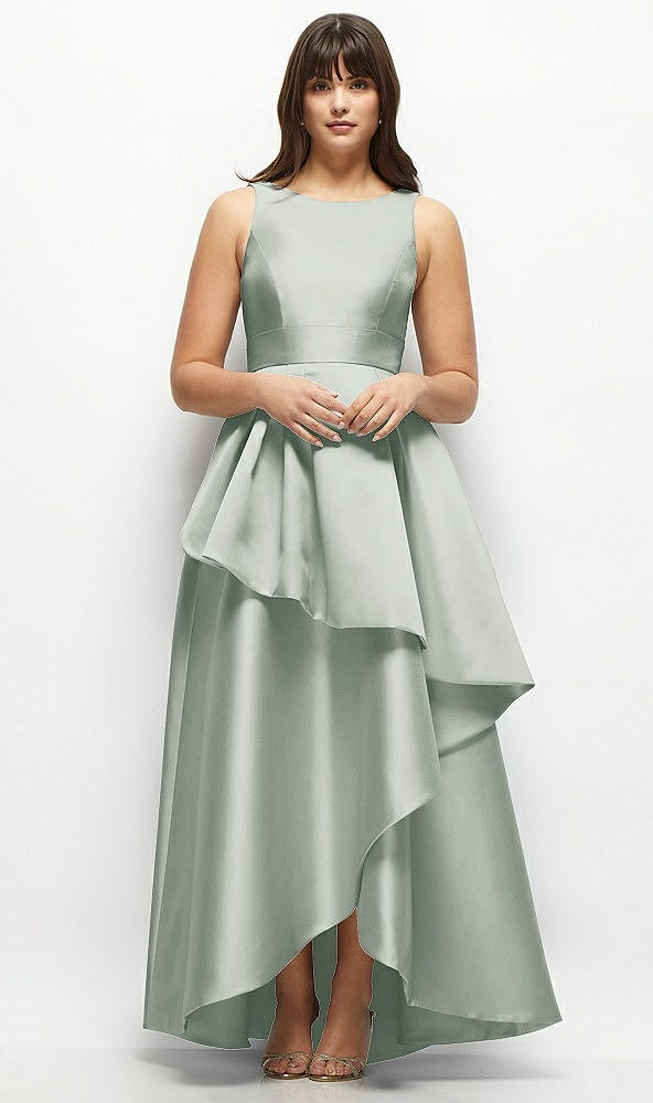 Front View - Willow Green Satin Maxi Dress with Asymmetrical Layered Ballgown Skirt