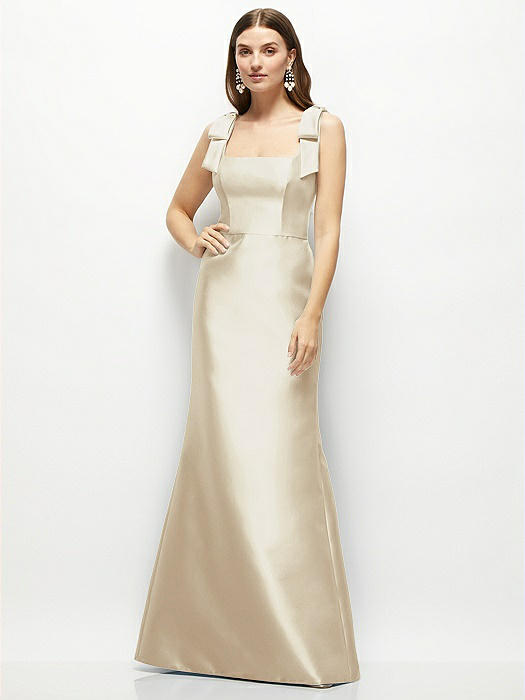 Satin Fit and Flare Maxi Dress with Shoulder Bows