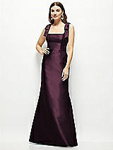 Front View Thumbnail - Deep Plum Satin Fit and Flare Maxi Dress with Shoulder Bows