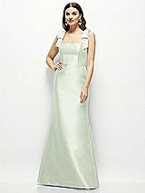 Front View Thumbnail - Mint Green Satin Fit and Flare Maxi Dress with Shoulder Bows