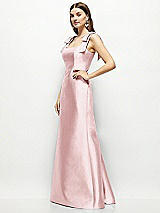 Side View Thumbnail - Ballet Pink Satin Fit and Flare Maxi Dress with Shoulder Bows