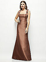 Front View Thumbnail - Cognac Satin Fit and Flare Maxi Dress with Shoulder Bows