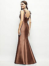 Rear View Thumbnail - Cognac Satin Fit and Flare Maxi Dress with Shoulder Bows