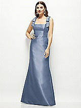 Front View Thumbnail - Larkspur Blue Satin Fit and Flare Maxi Dress with Shoulder Bows