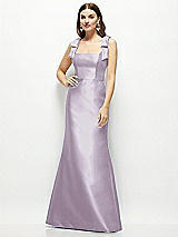 Front View Thumbnail - Lilac Haze Satin Fit and Flare Maxi Dress with Shoulder Bows