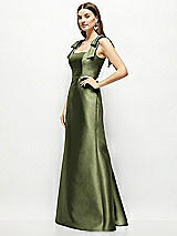 Side View Thumbnail - Olive Green Satin Fit and Flare Maxi Dress with Shoulder Bows
