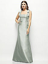 Front View Thumbnail - Willow Green Satin Fit and Flare Maxi Dress with Shoulder Bows