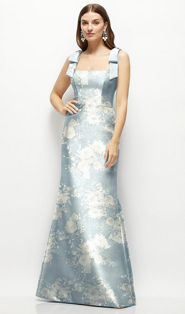 Front View - Porcelain Blue Seraphina Floral Floral Satin Fit and Flare Maxi Dress with Shoulder Bows