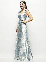Side View Thumbnail - Porcelain Blue Seraphina Floral Floral Satin Fit and Flare Maxi Dress with Shoulder Bows