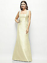 Front View Thumbnail - Butter Yellow Satin Square Neck Fit and Flare Maxi Dress