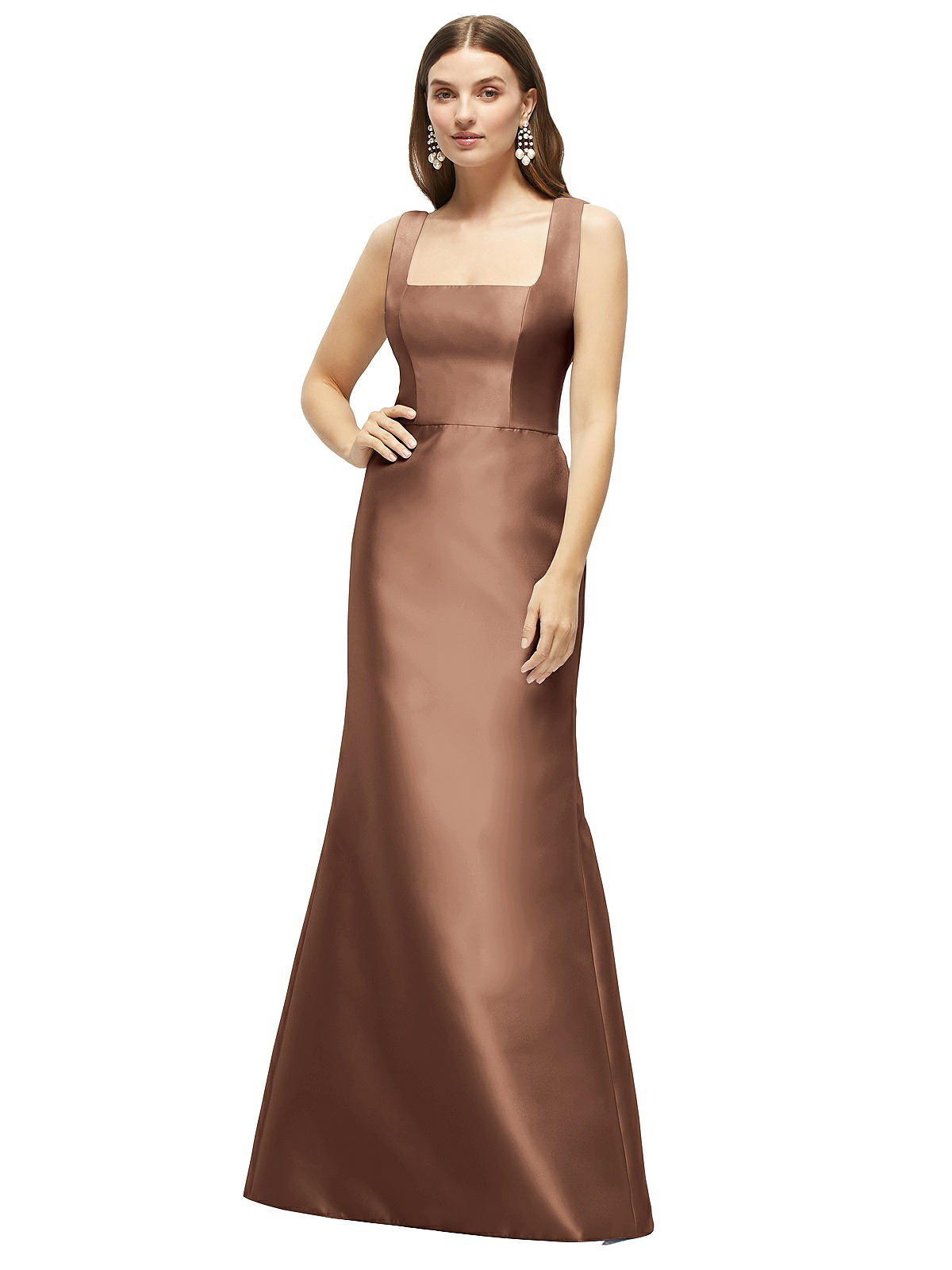 Satin Square Neck Fit And Flare Maxi Bridesmaid Dress In Cognac