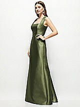 Side View Thumbnail - Olive Green Satin Square Neck Fit and Flare Maxi Dress