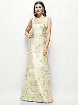 Front View Thumbnail - Butter Yellow Floral Floral Satin Square Neck Fit and Flare Maxi Dress