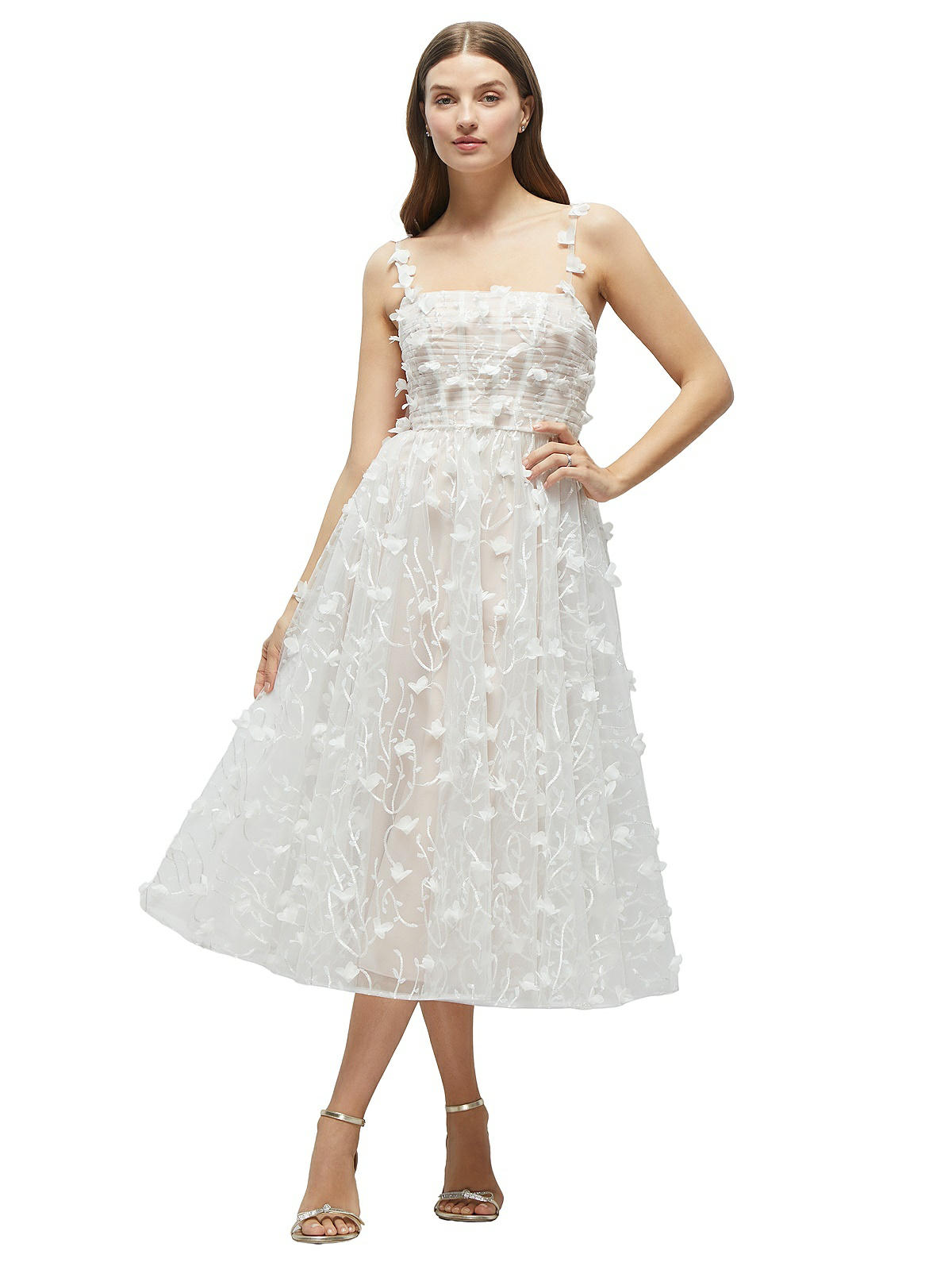 3d Floral Embroidered Little White Midi Bridesmaid Dress With Nude