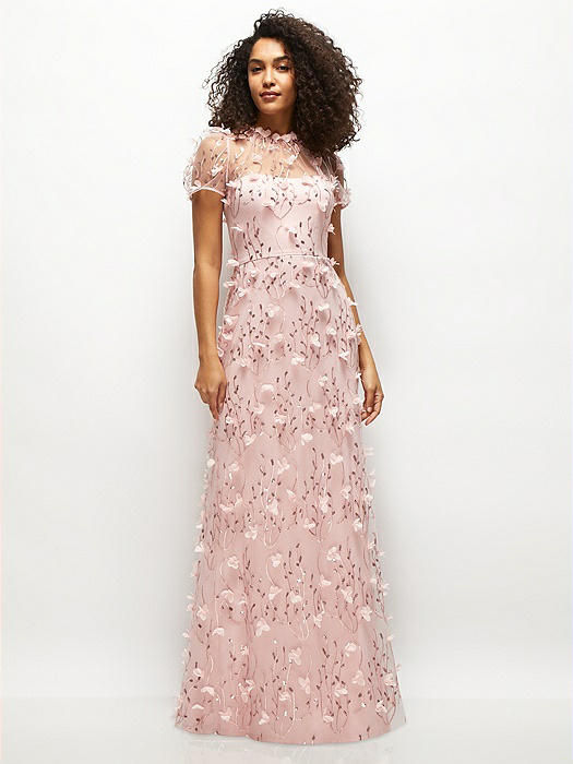 3D Floral Embroidered Puff Sleeve A-line Maxi Dress with Petal-Adorned Illusion Neckline