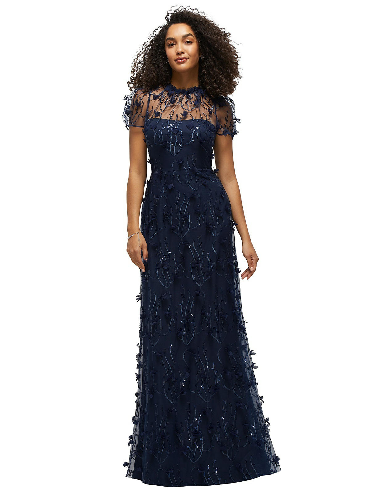 3d Floral Embroidered Puff Sleeve A-line Maxi Bridesmaid Dress