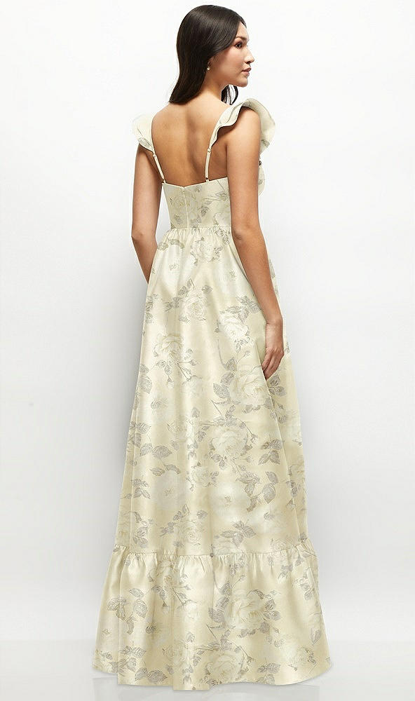 Back View - Butter Yellow Floral Floral Satin Corset Maxi Dress with Ruffle Straps & Skirt