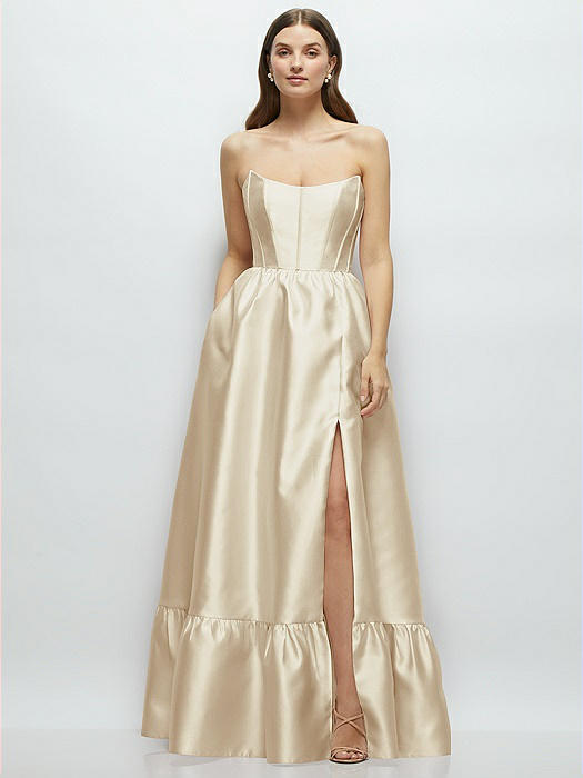 Strapless Cat-Eye Boned Bodice Maxi Dress with Ruffle Hem
