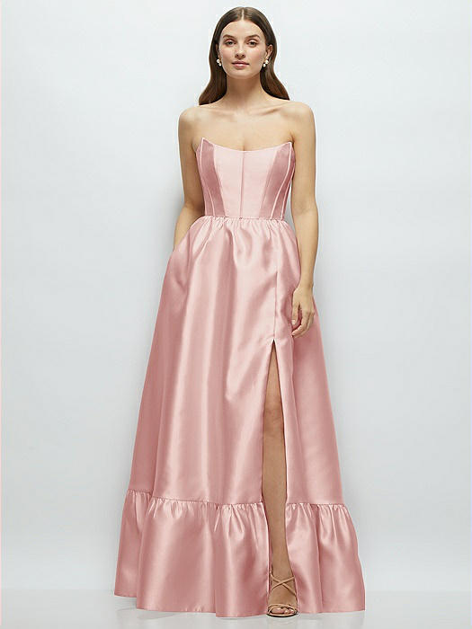 Strapless Cat-Eye Boned Bodice Maxi Dress with Ruffle Hem