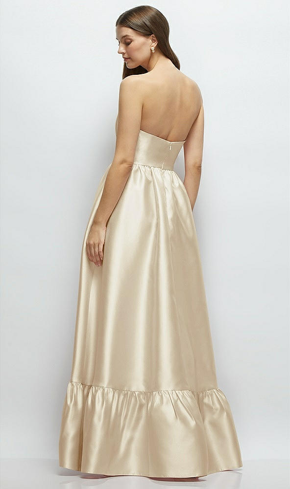 Back View - Champagne Strapless Cat-Eye Boned Bodice Maxi Dress with Ruffle Hem