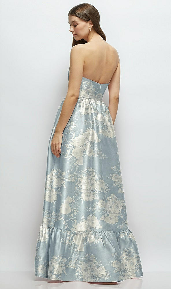 Back View - Porcelain Blue Seraphina Floral Floral Strapless Cat-Eye Boned Bodice Maxi Dress with Ruffle Hem