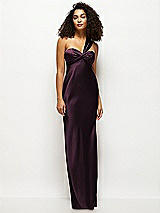 Front View Thumbnail - Deep Plum Satin Twist Bandeau One-Shoulder Bias Maxi Dress