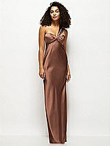 Front View Thumbnail - Cognac Satin Twist Bandeau One-Shoulder Bias Maxi Dress