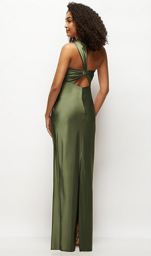 Back View - Olive Green Satin Twist Bandeau One-Shoulder Bias Maxi Dress
