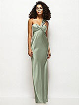 Front View Thumbnail - Sage Satin Twist Bandeau One-Shoulder Bias Maxi Dress