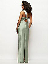 Rear View Thumbnail - Sage Satin Twist Bandeau One-Shoulder Bias Maxi Dress