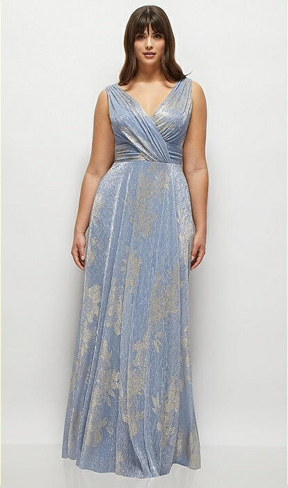 Draped V-neck Gold Floral Metallic Pleated Maxi Bridesmaid Dress