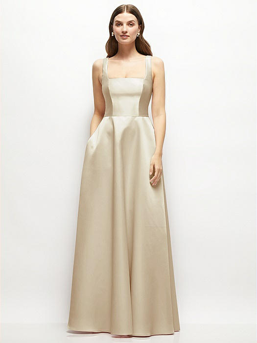 Square-Neck Satin Maxi Dress with Full Skirt