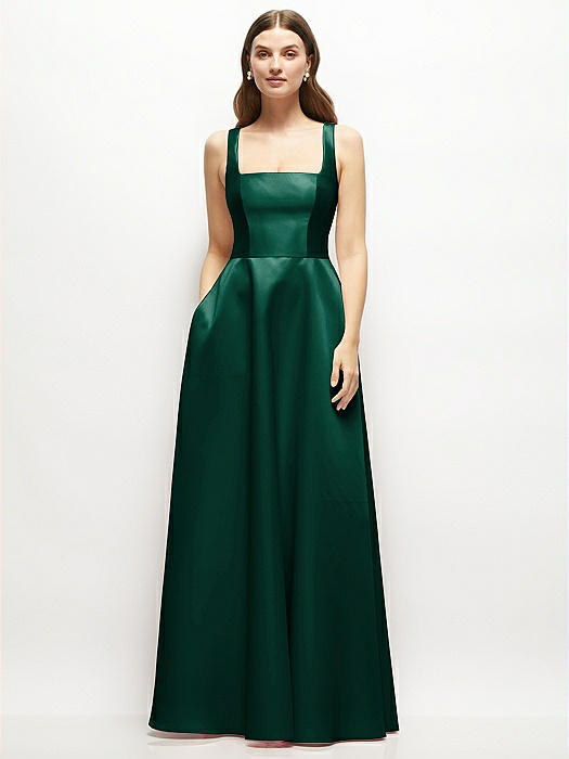 Square-Neck Satin Maxi Dress with Full Skirt