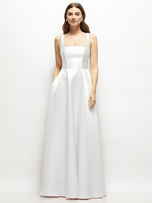 Square-Neck Satin Maxi Dress with Full Skirt